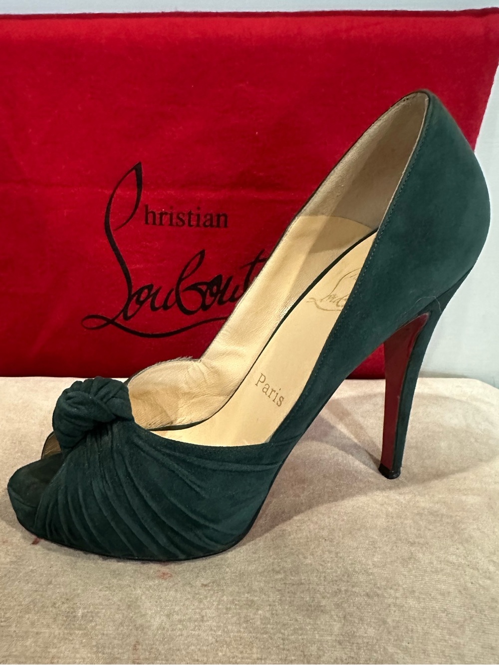 Christian Louboutin Green Suede Knotted Peep Toe Pumps with Red Sole